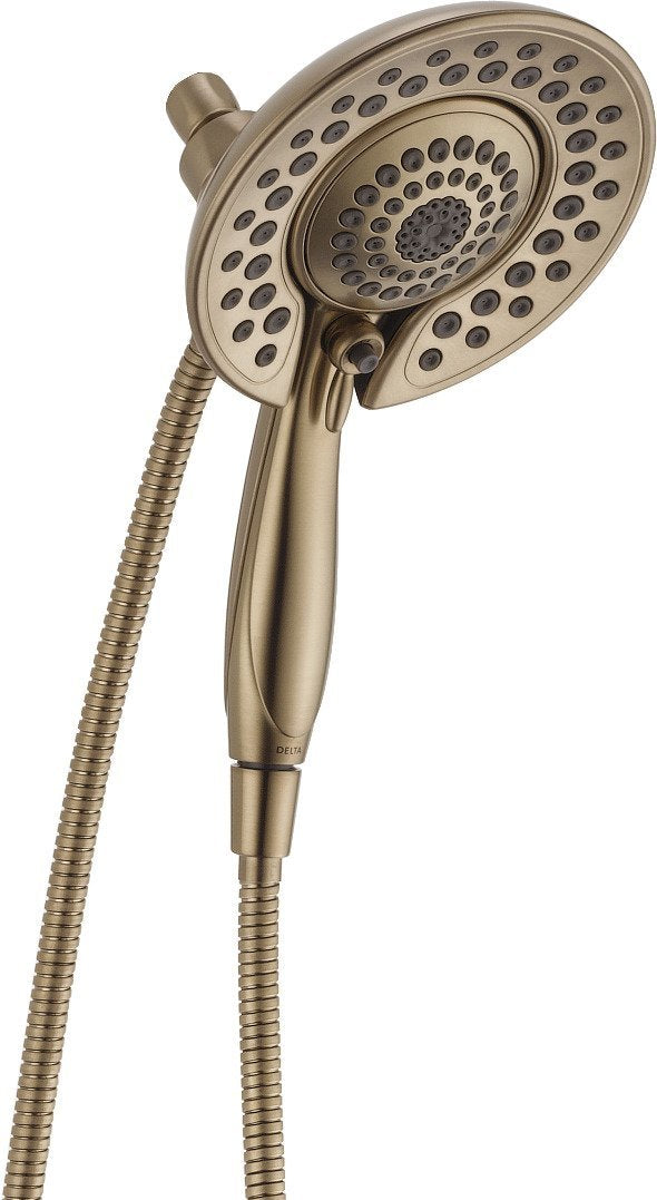 Brushed nickel two-in-one shower head with handheld wand, multiple spray holes, and flexible hose attachment.