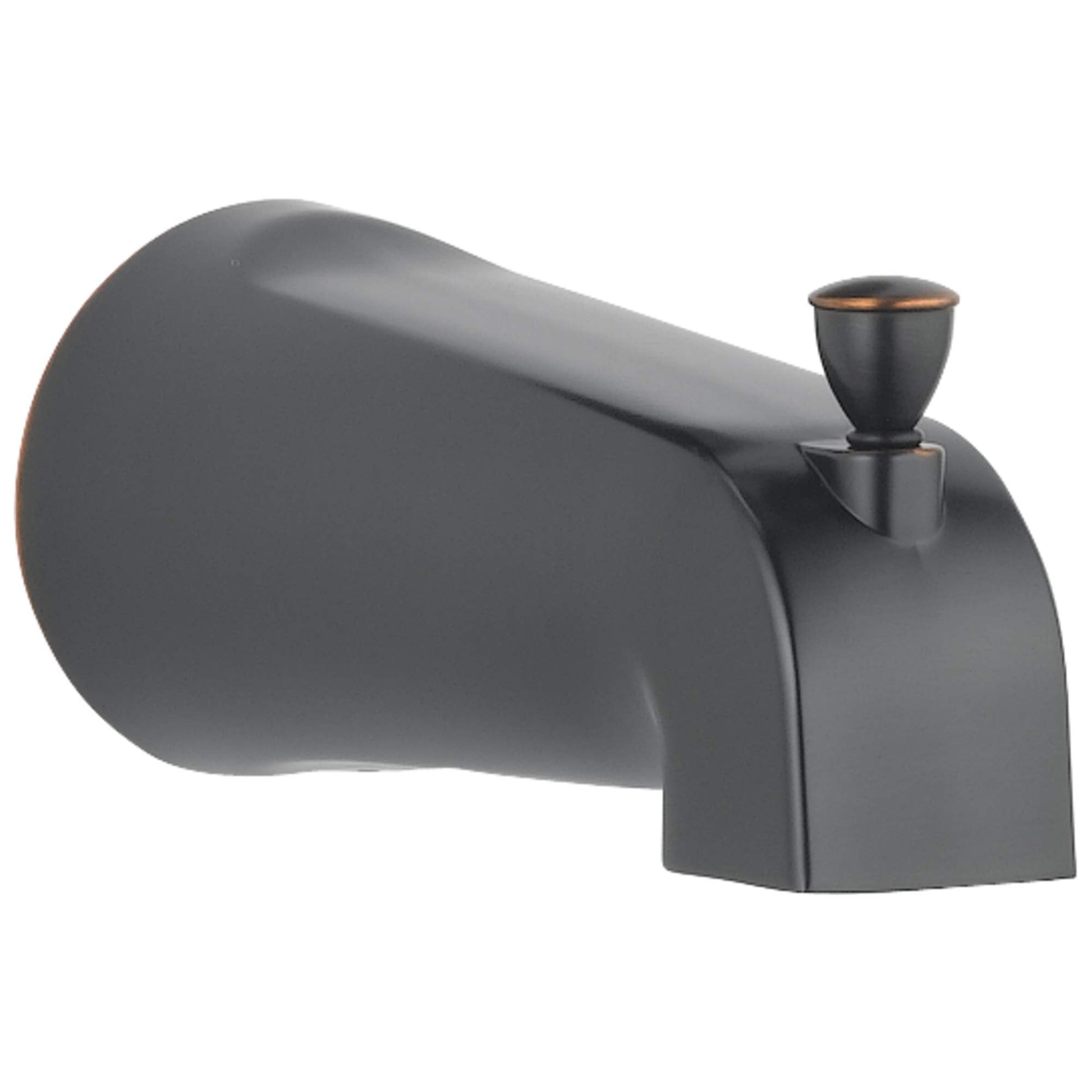 Oil rubbed bronze tub spout with curved body, angled outlet, and pull-up diverter knob on top.