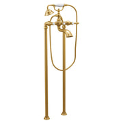 Brushed gold tub filler with two lever handles, curved spout, handshower, and flexible hose.