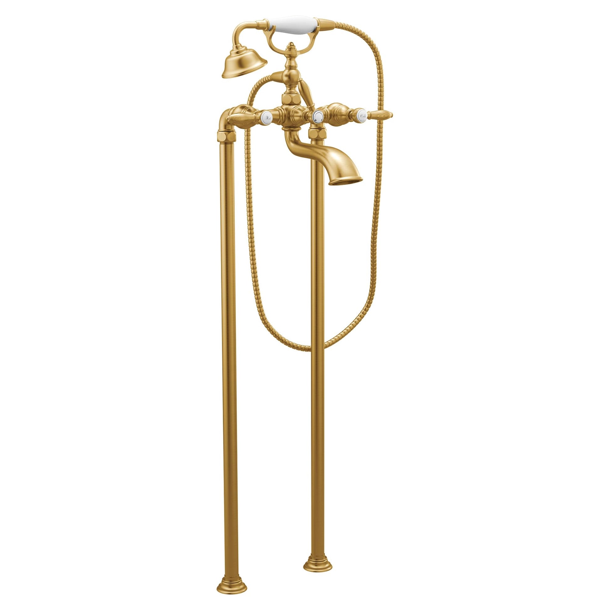 Brushed gold tub filler with two lever handles, curved spout, handshower, and flexible hose.