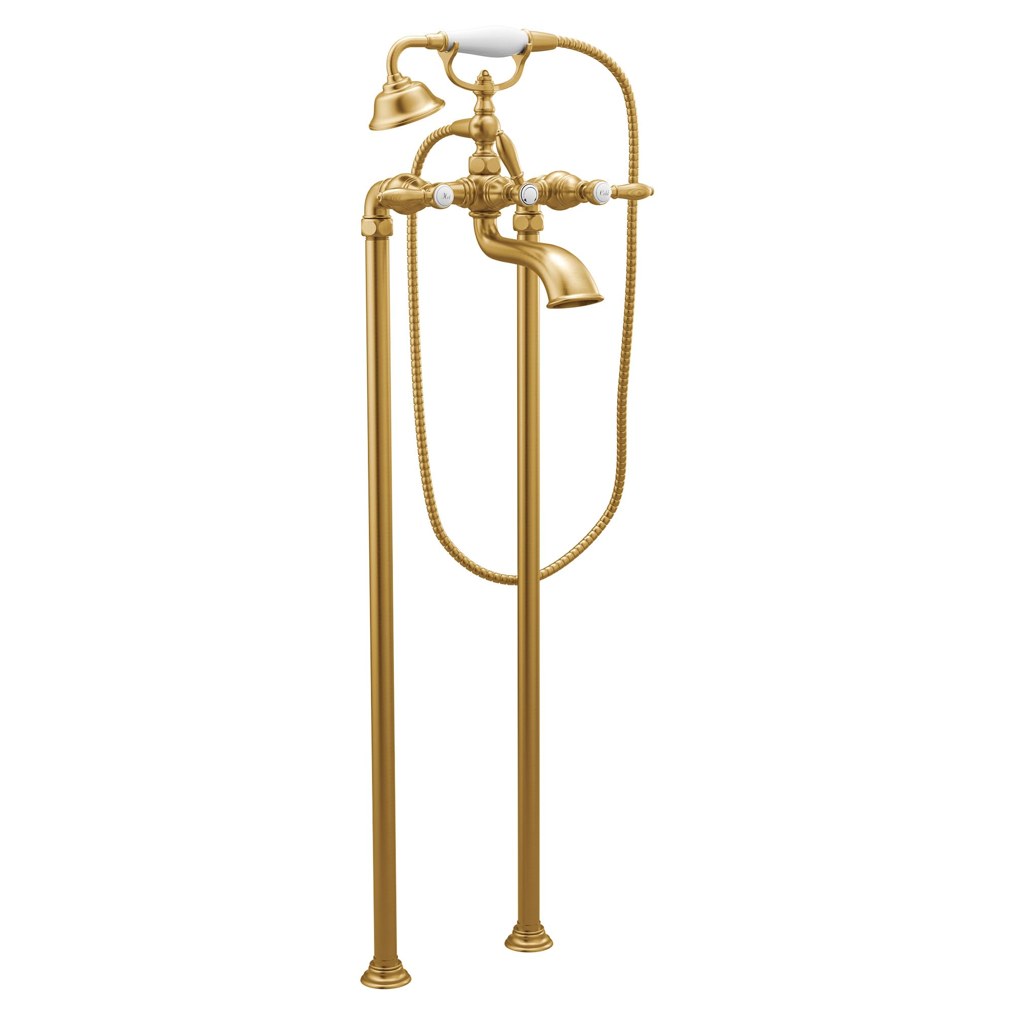 Brushed gold tub filler with two lever handles, curved spout, handshower, and flexible hose.