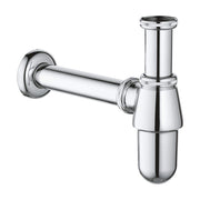 Chrome waste trap basin assembly with cylindrical pipe, wall-mounted flange, and tapered collection bowl.