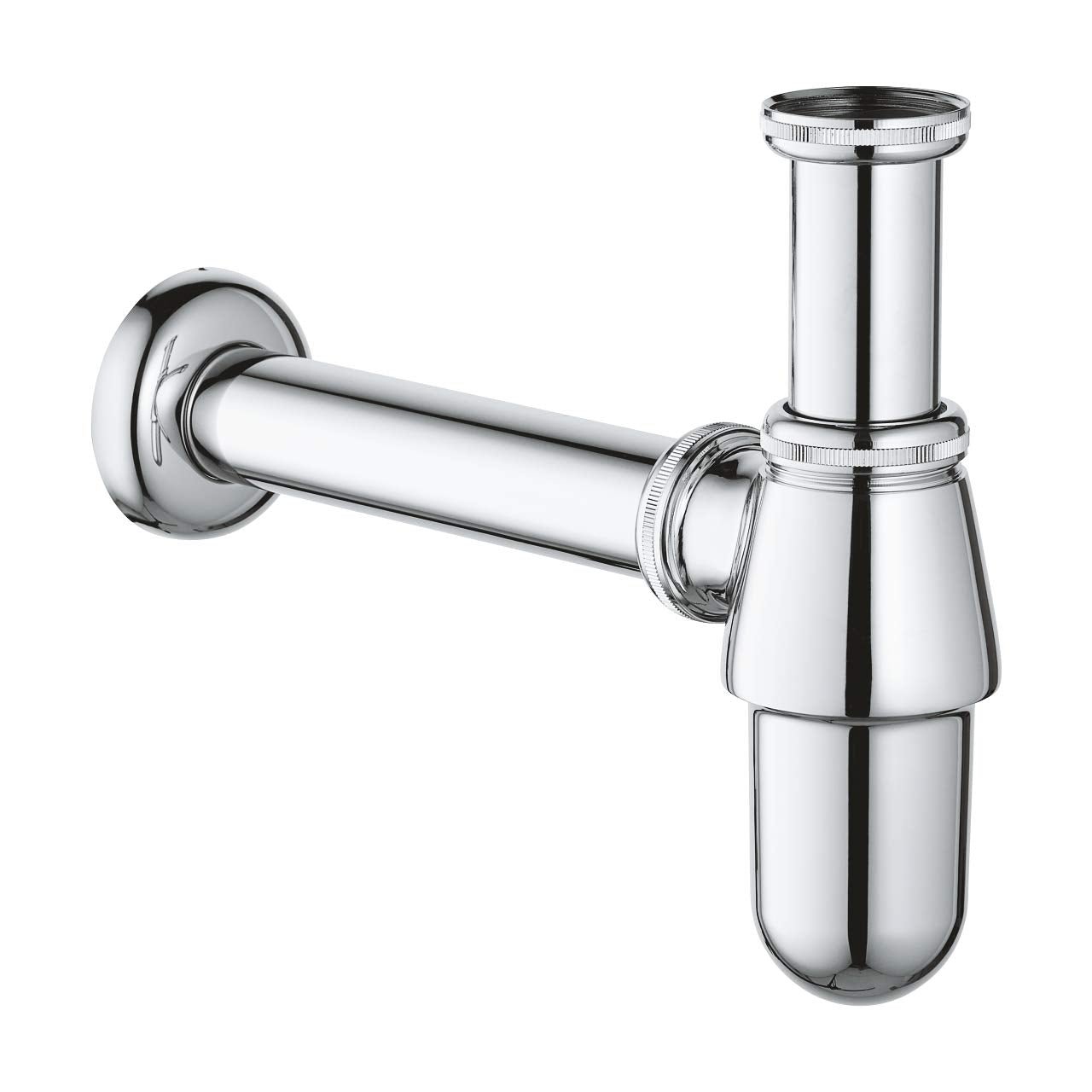 Chrome waste trap basin assembly with cylindrical pipe, wall-mounted flange, and tapered collection bowl.