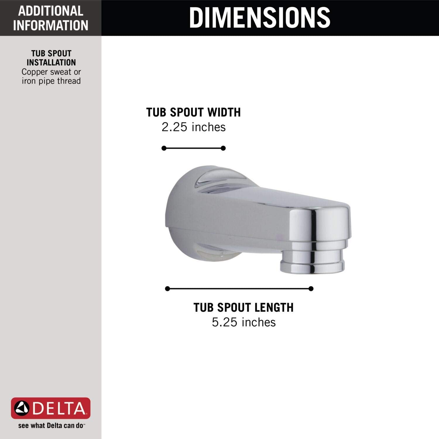 Stainless steel tub spout with pull-down diverter, 2.25 inches wide and 5.25 inches long.