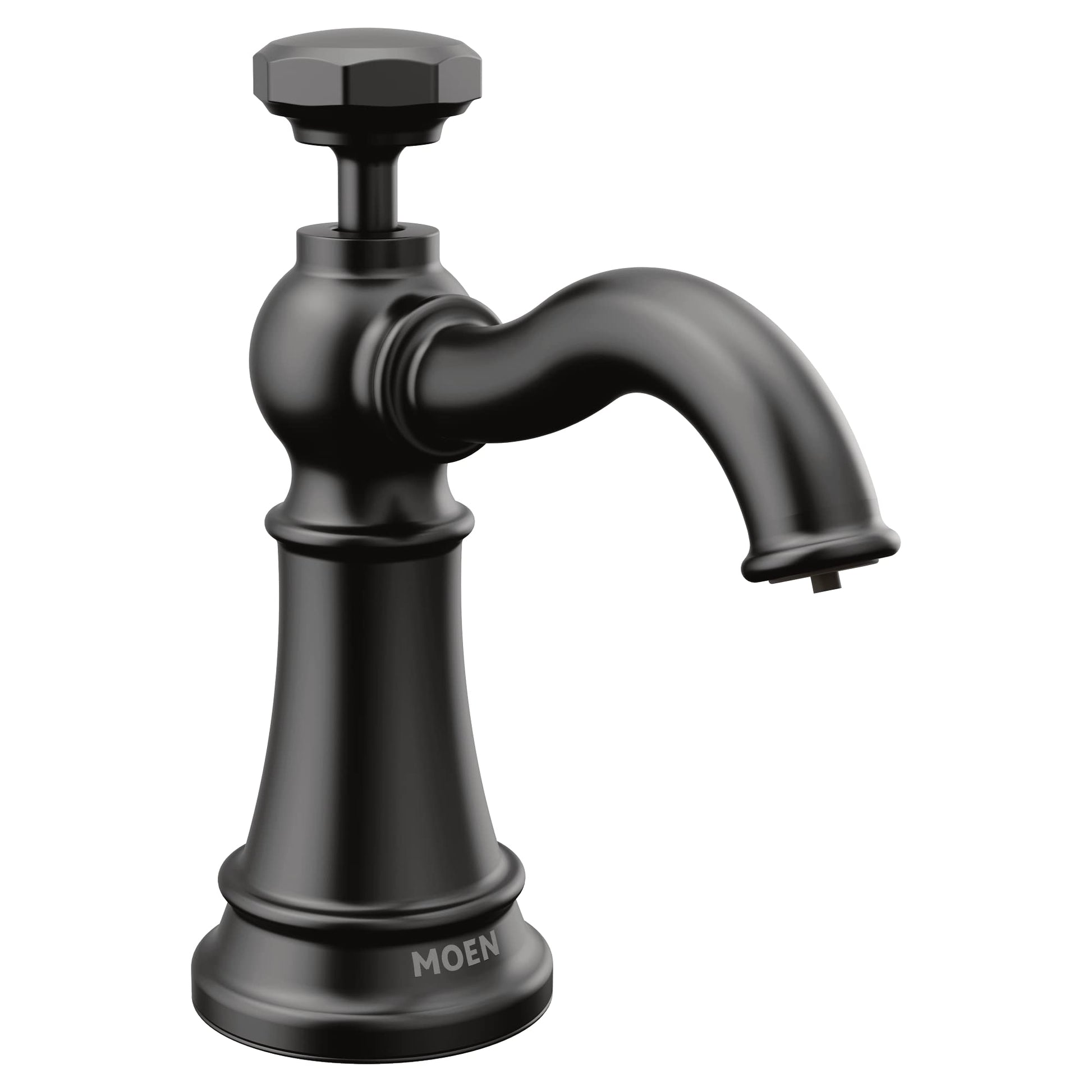 Matte black deck-mounted kitchen soap dispenser with curved spout and octagonal pump top.
