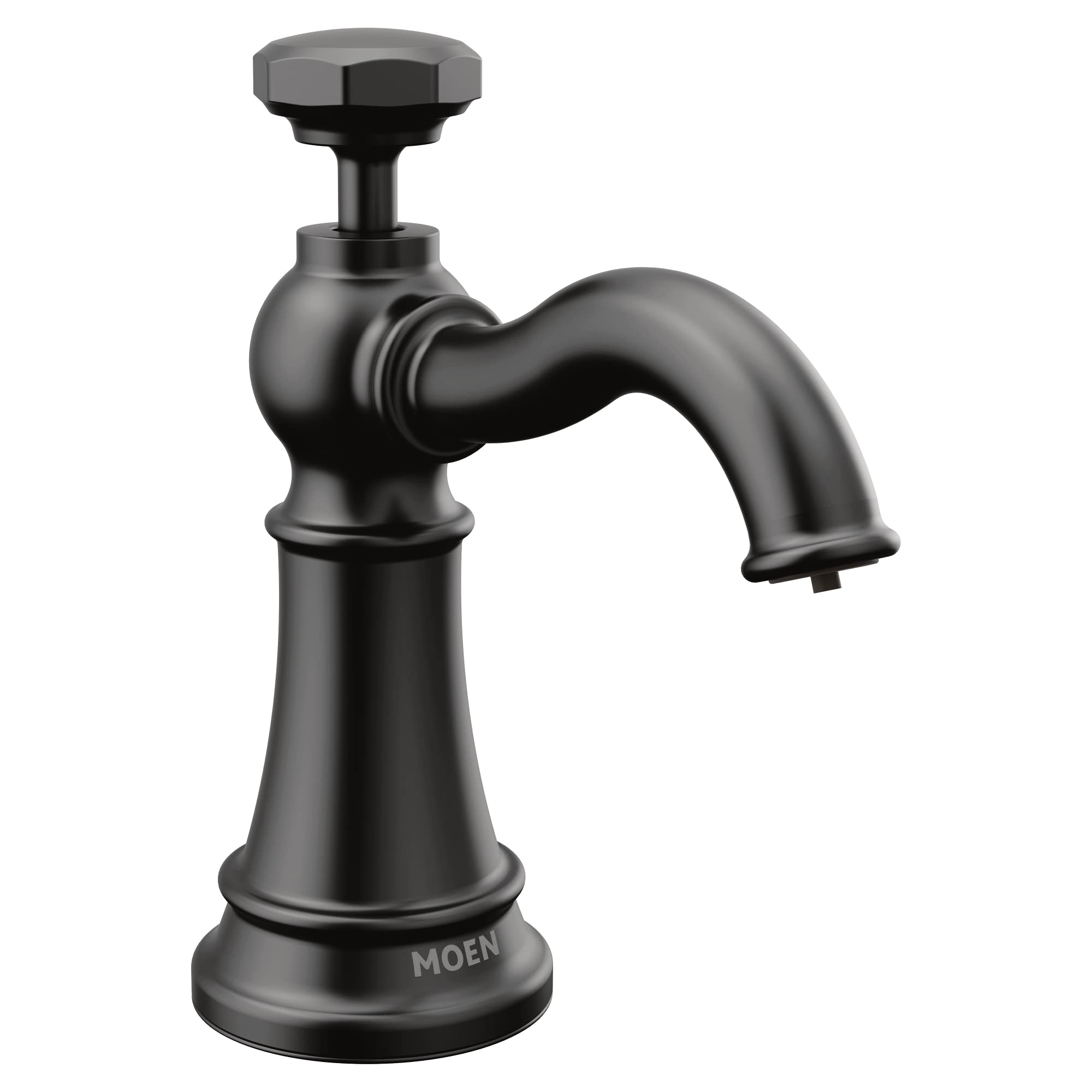 Matte black deck-mounted kitchen soap dispenser with curved spout and octagonal pump top.