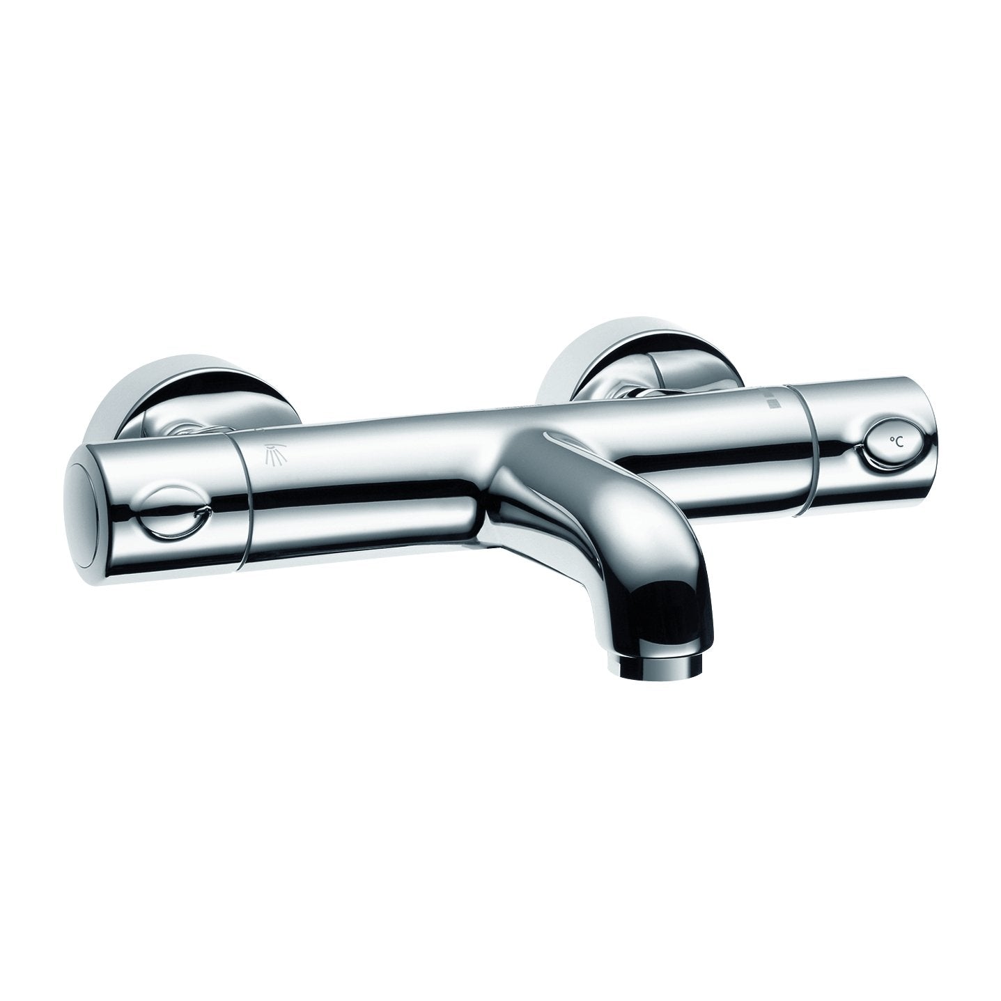 Chrome bidet faucet with single-hole mounting, cylindrical body, curved spout, and dual control handles.