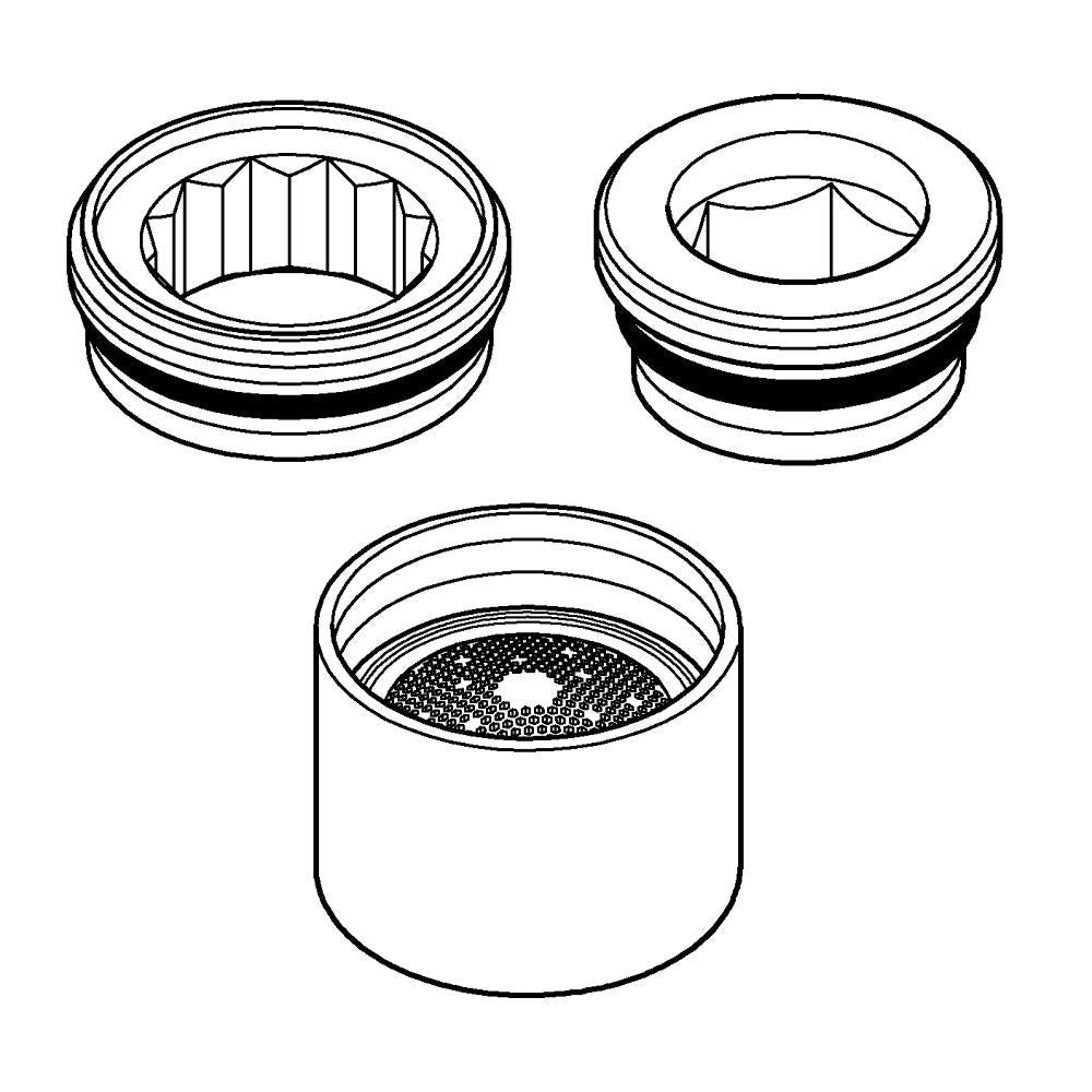 Three chrome flow control cartridge components shown in assembled and disassembled views with internal mechanisms visible.