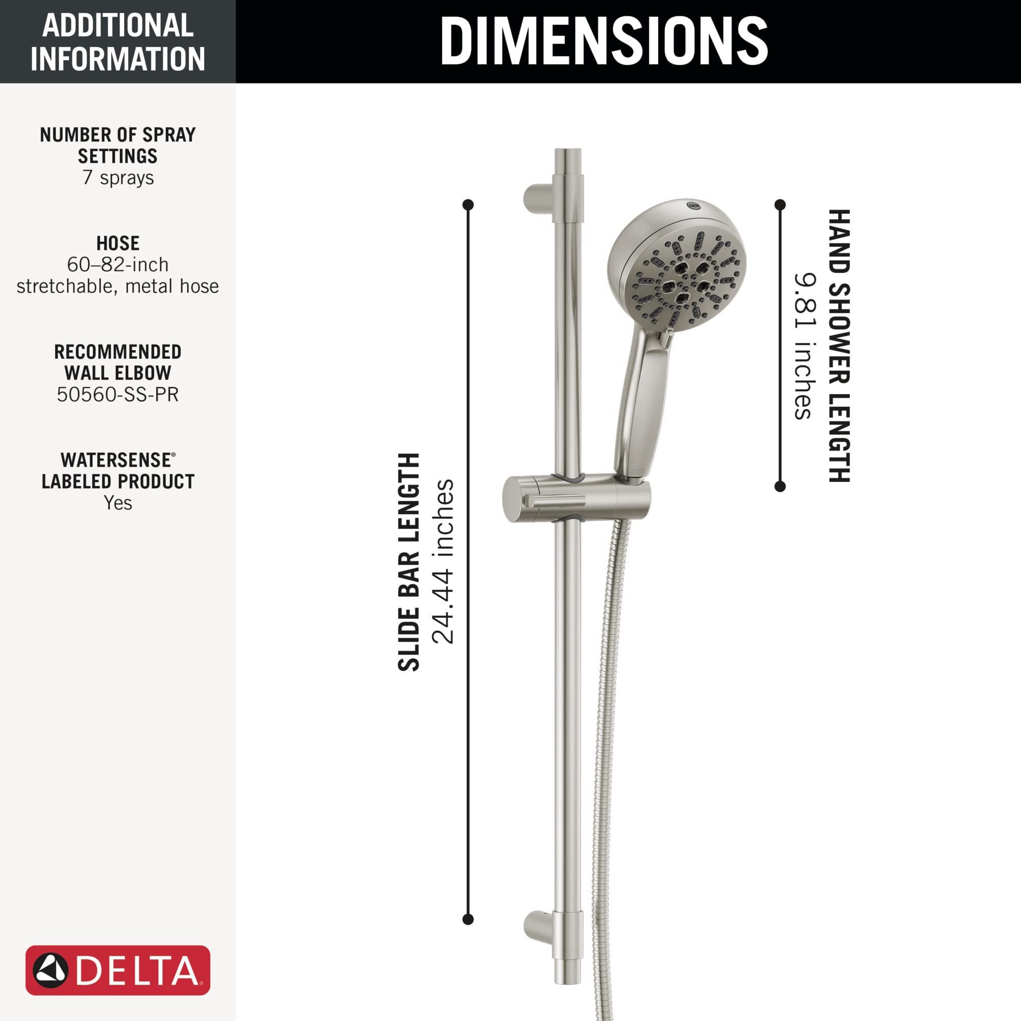 Stainless steel slide bar hand shower with 6.8-inch diameter showerhead, 24.4-inch vertical rail, and flexible metal hose.