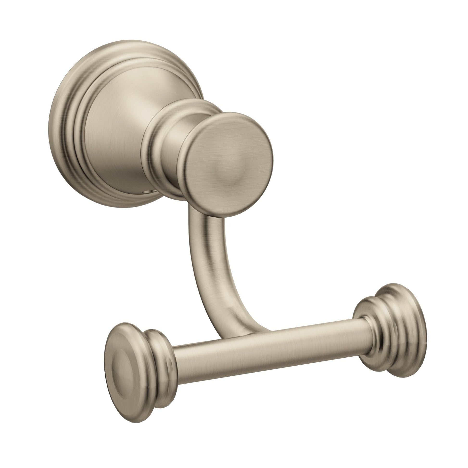 Brushed nickel double robe hook with two circular ends and a curved arm extending from a decorative round mounting plate.