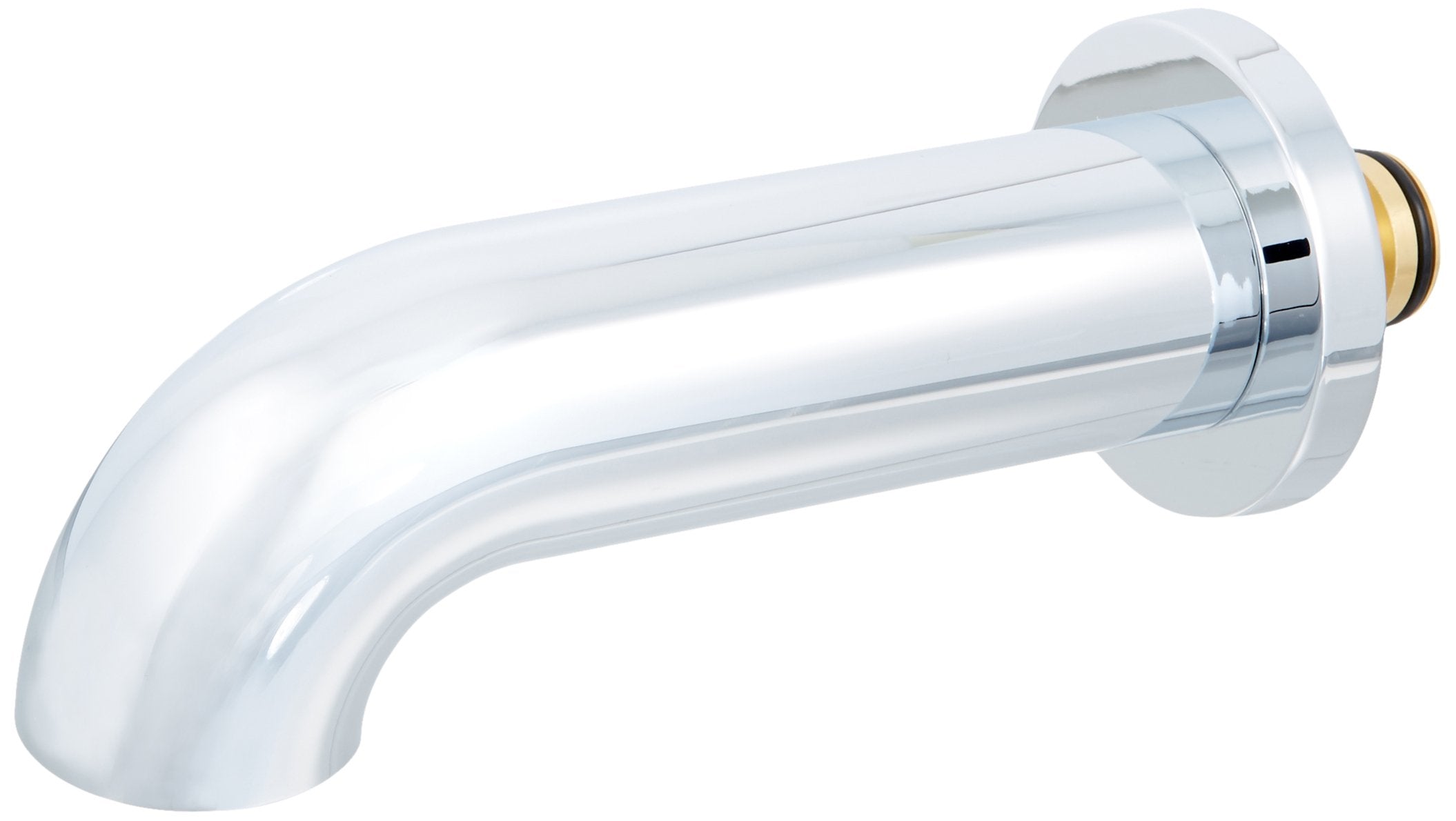 Chrome tub spout with curved outlet and brass fitting connection on white background.