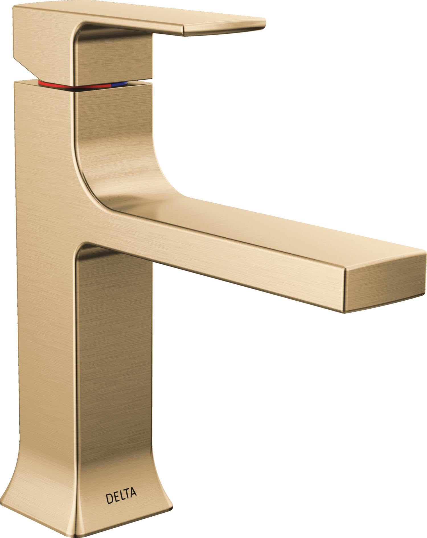 Champagne bronze single-handle bathroom faucet with curved spout and rectangular base.