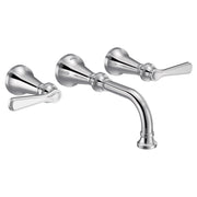 Chrome wall-mount bathroom faucet trim with curved spout and two lever handles on conical rosettes.