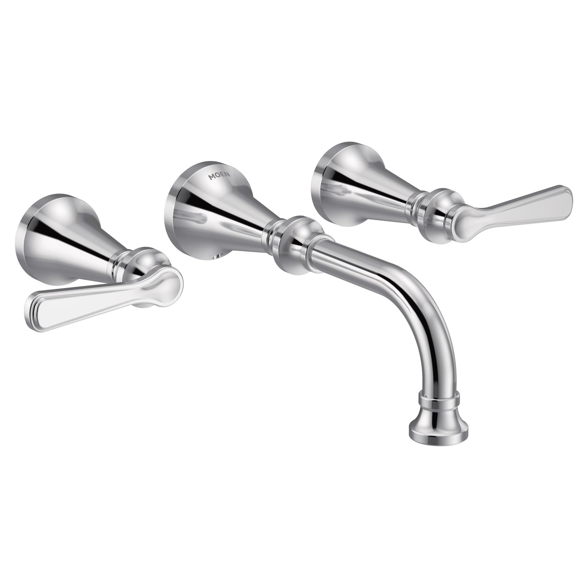 Chrome wall-mount bathroom faucet trim with curved spout and two lever handles on conical rosettes.
