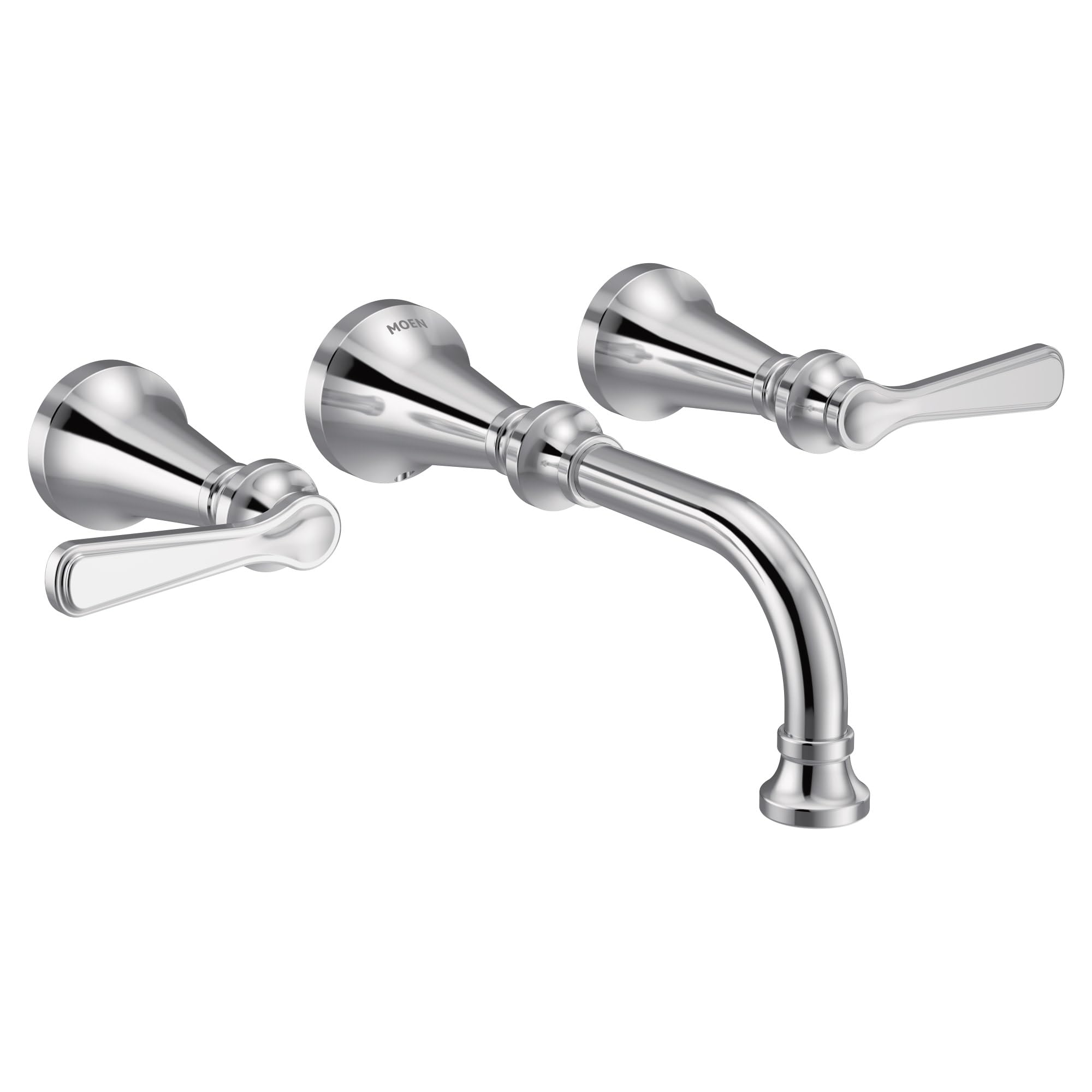 Chrome wall-mount bathroom faucet trim with curved spout and two lever handles on conical rosettes.