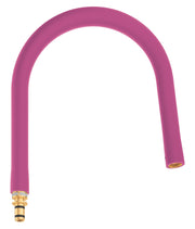 Purple flexible kitchen faucet hose with brass connector and gold-toned spout opening.