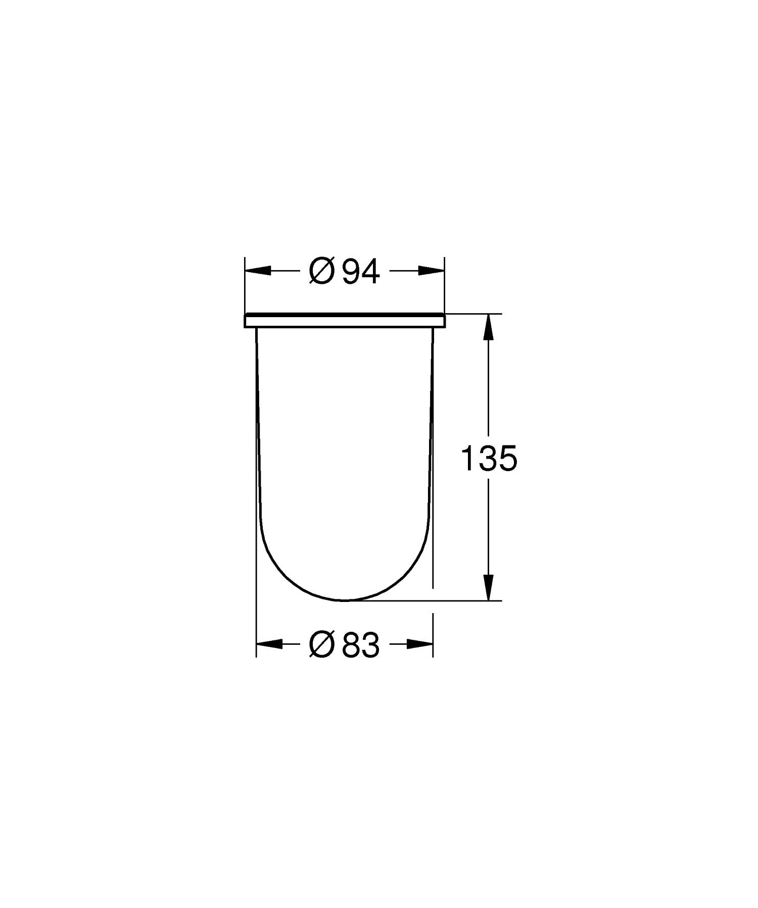 Technical drawing of cylindrical replacement glass with 94mm top diameter, 83mm bottom diameter, and 135mm height.