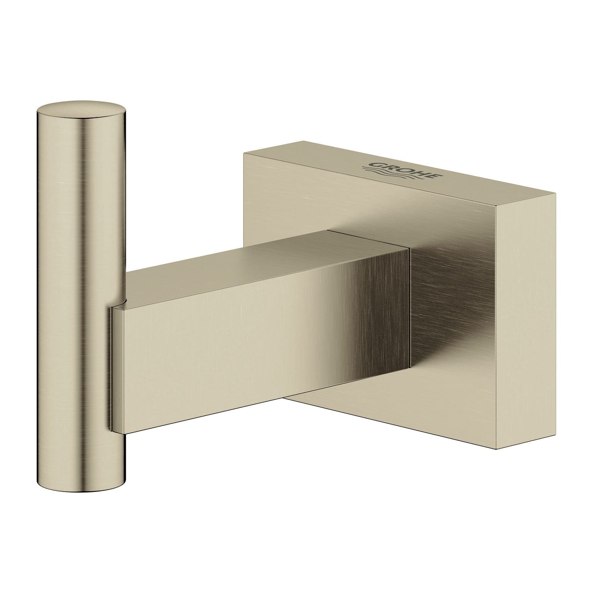 Brushed nickel robe hook with cylindrical rod extending from square mounting plate.