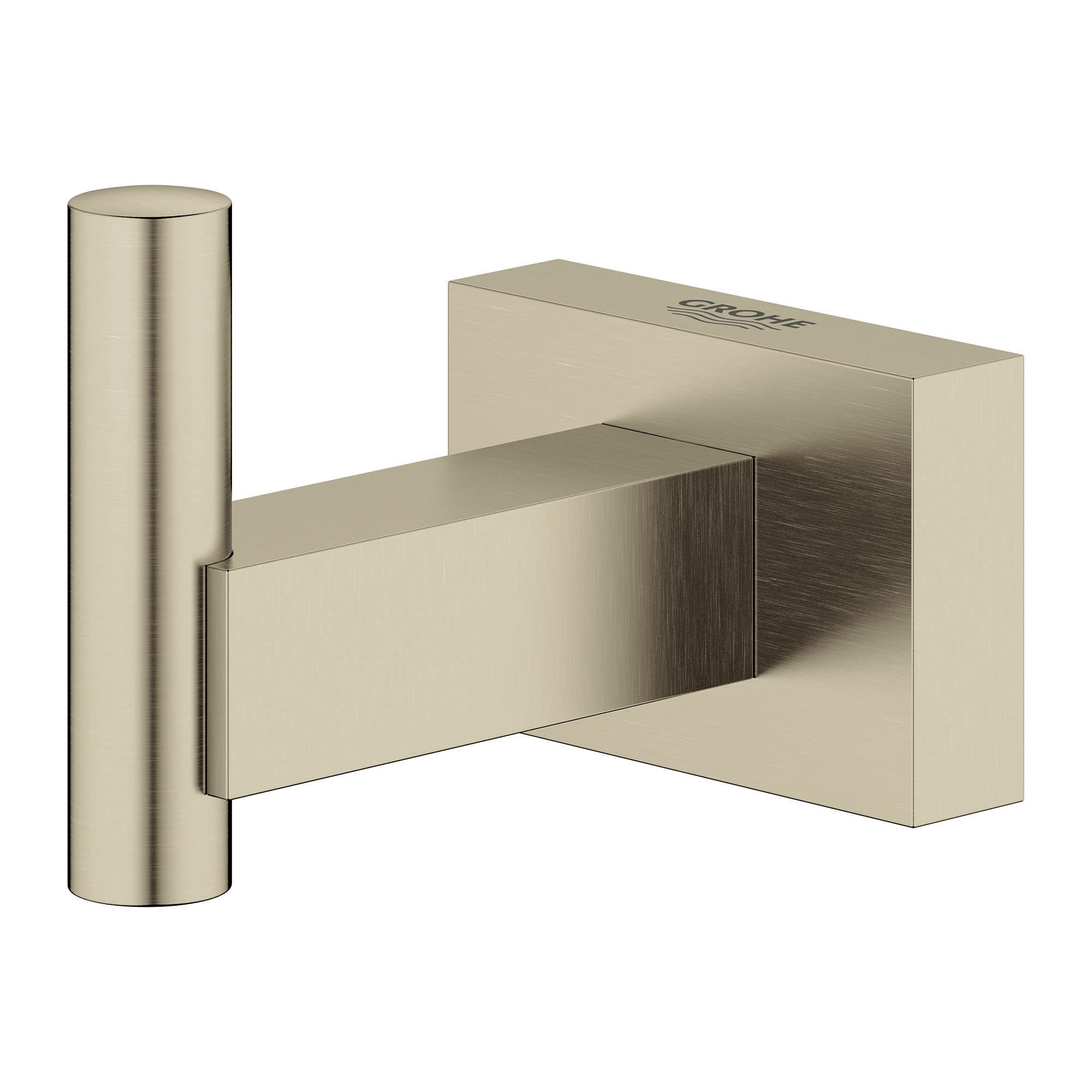 Brushed nickel robe hook with cylindrical rod extending from square mounting plate.