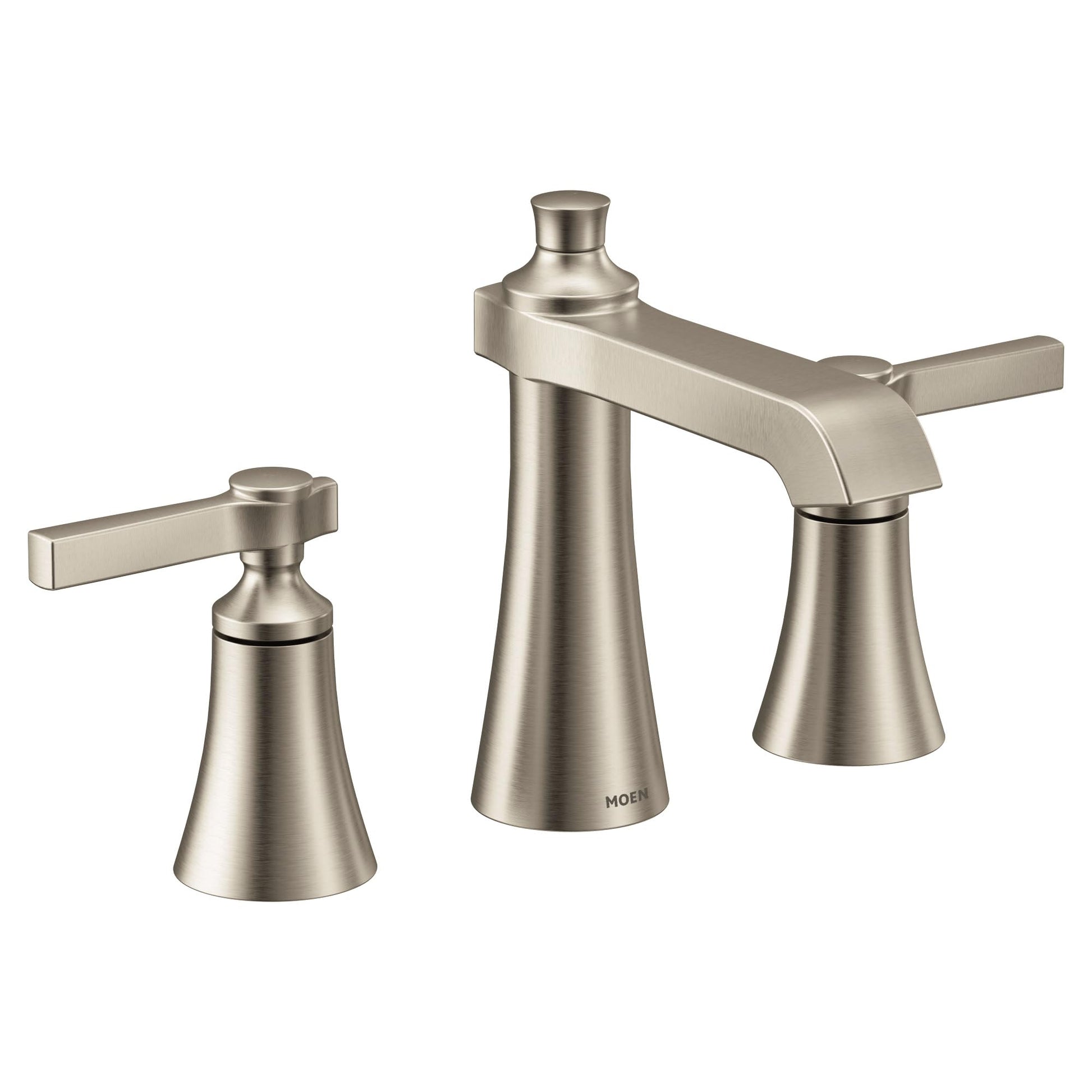 Brushed nickel two-handle bathroom faucet with lever handles and tapered cone-shaped body in widespread configuration.