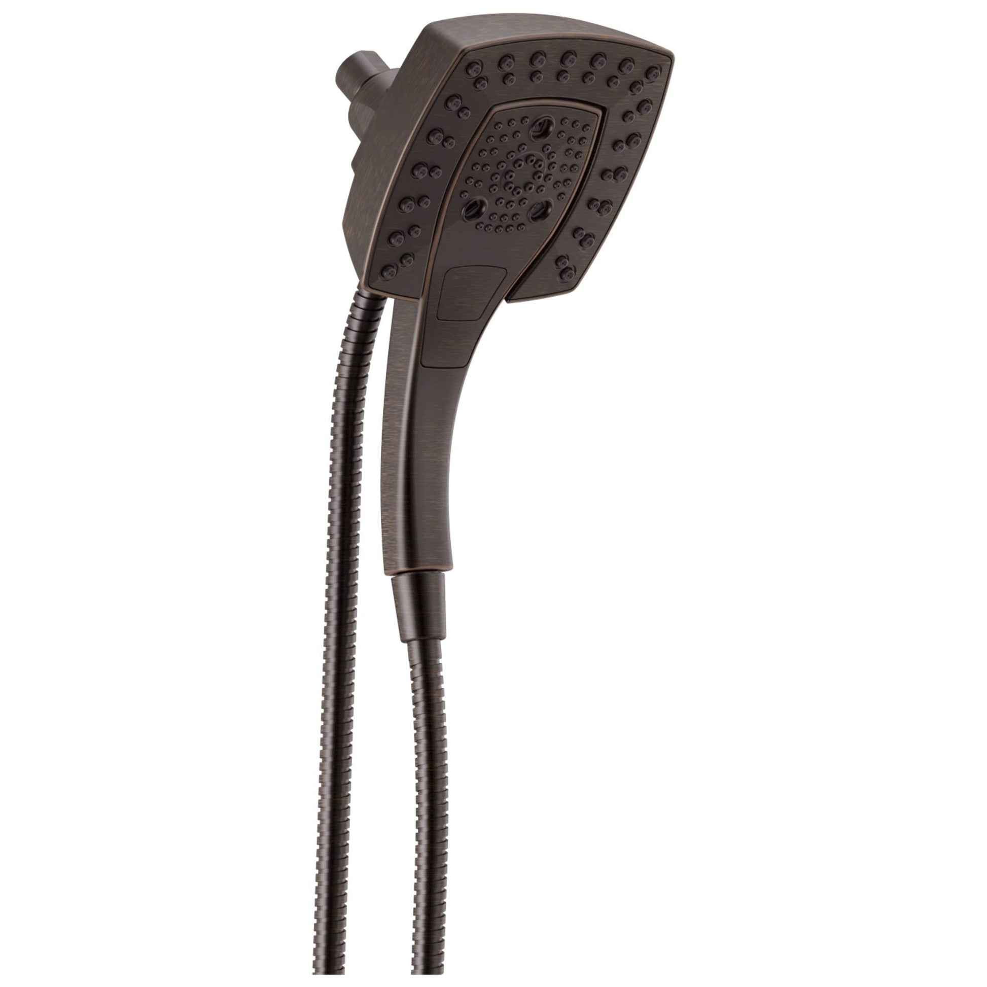 Square dark bronze showerhead with spray nozzles and attached flexible hose with hand-held connector.