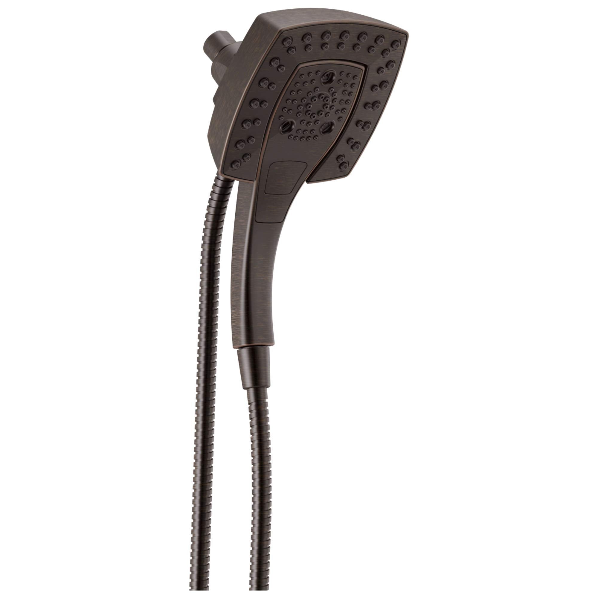 Square dark bronze showerhead with spray nozzles and attached flexible hose with hand-held connector.