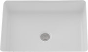 White rectangular undermount bathroom sink with rounded corners and center drain, viewed from above.