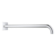 Chrome shower arm with square wall mount and curved end, 15 inches long.