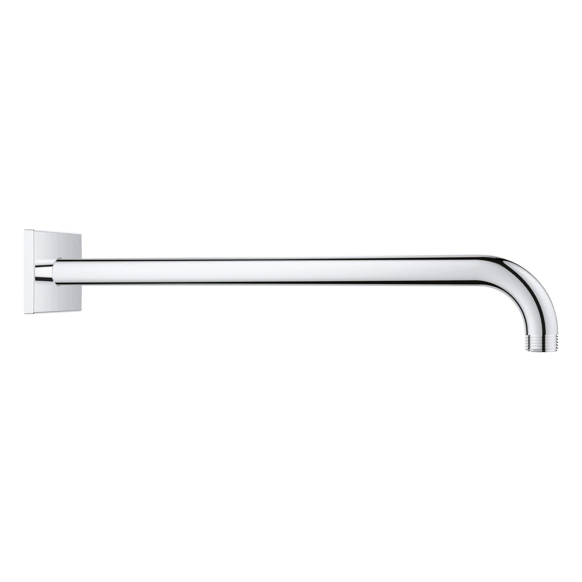 Chrome shower arm with square wall mount and curved end, 15 inches long.
