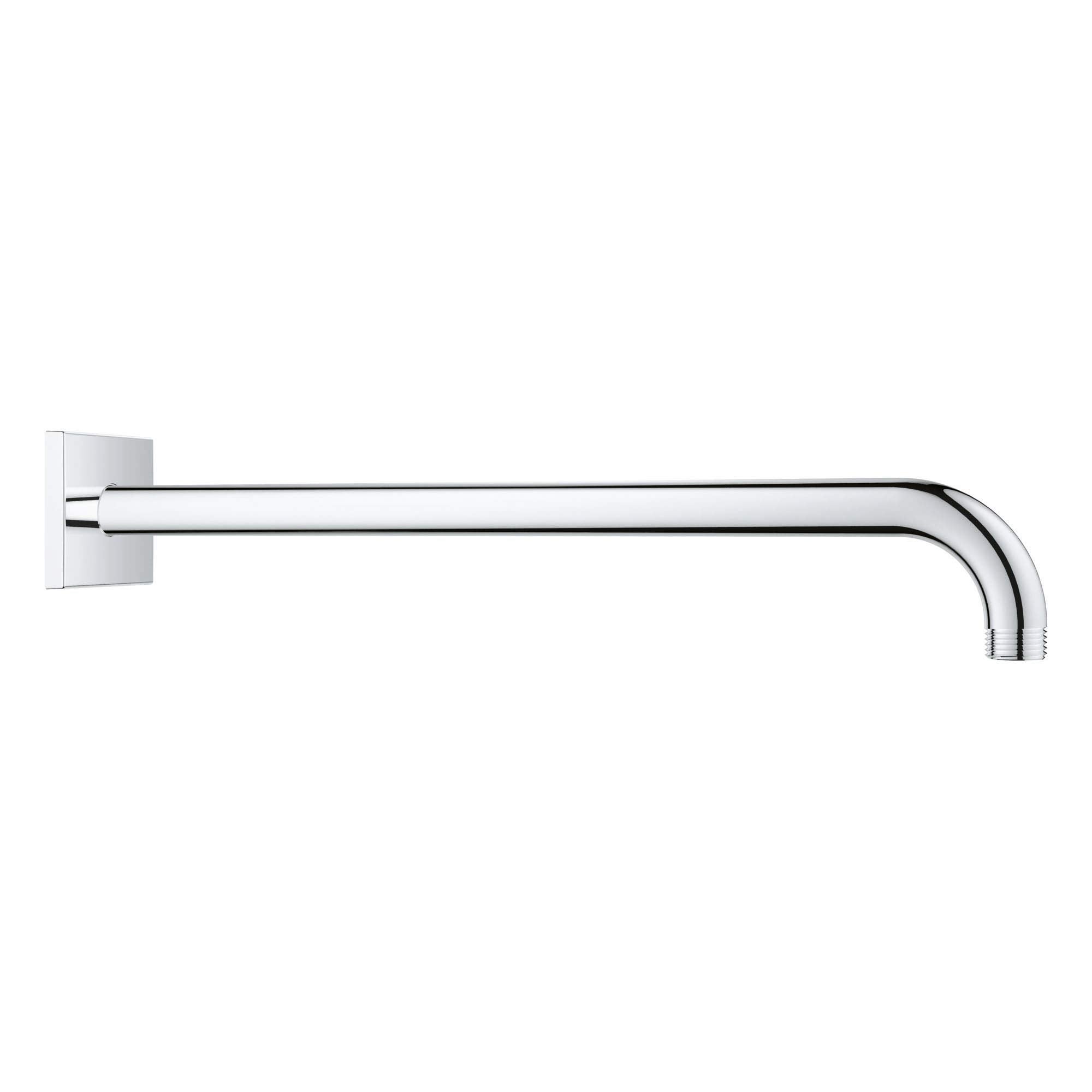 Chrome shower arm with square wall mount and curved end, 15 inches long.