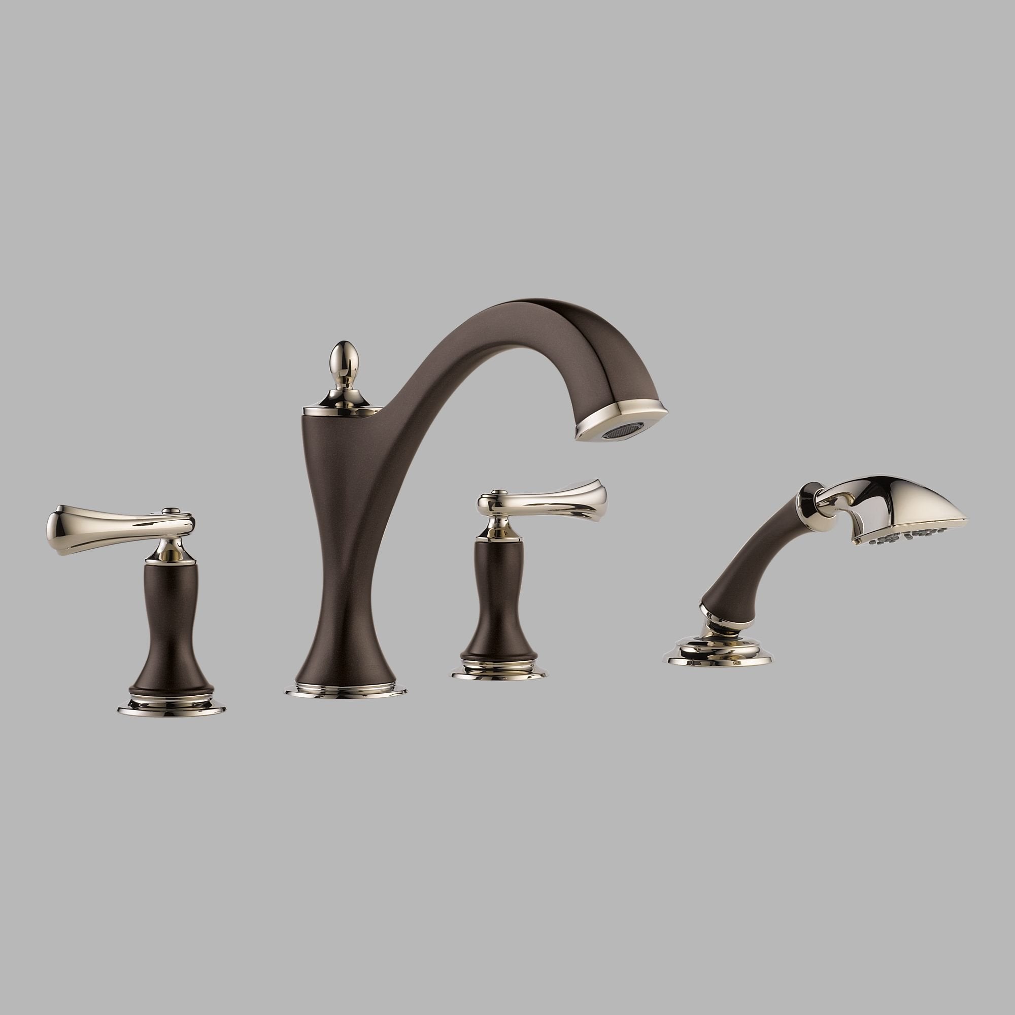 Bronze and polished nickel roman tub faucet with curved spout, hand shower, and lever handles.
