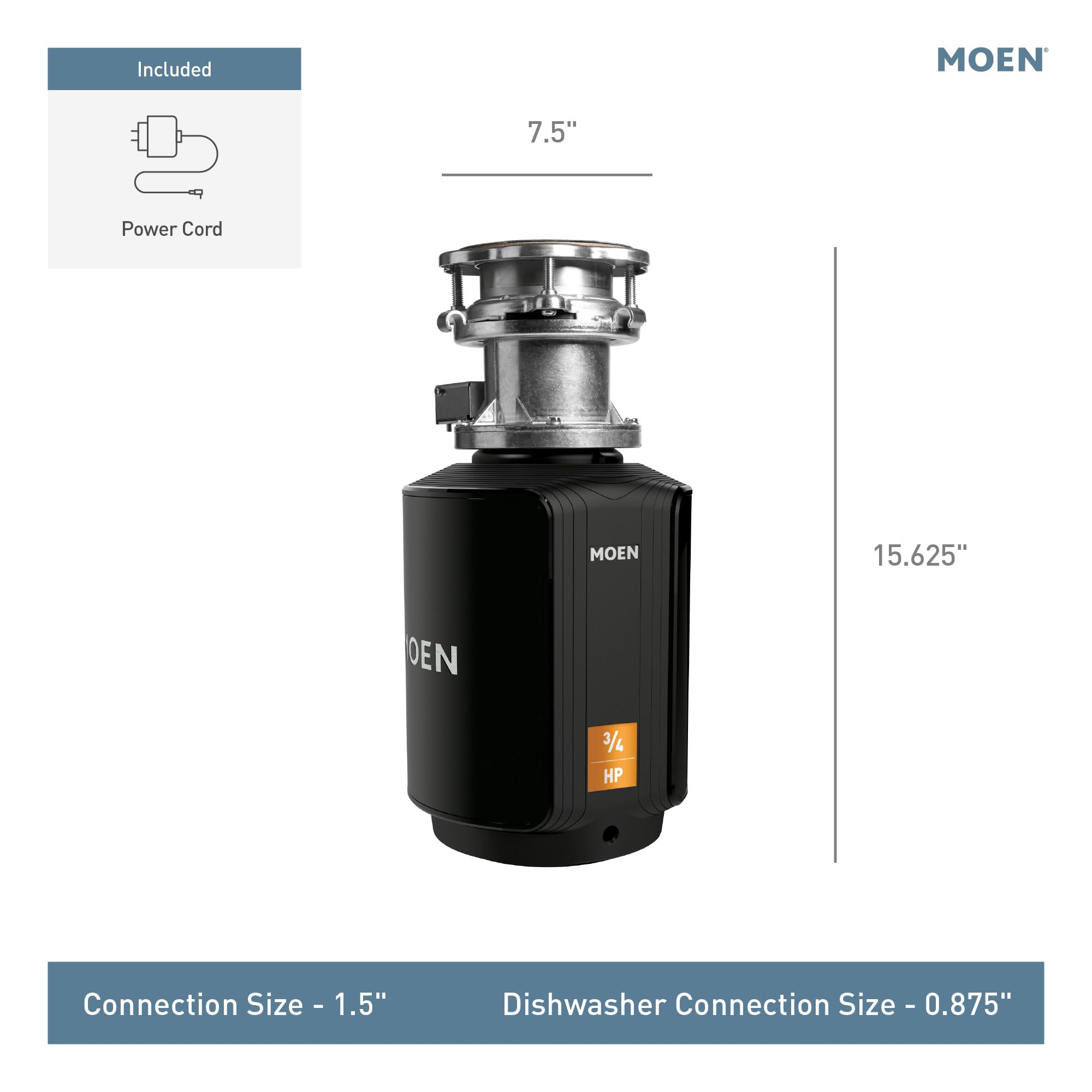 Black Moen garbage disposal with stainless steel collar top, 3/4 HP motor, power cord control included, 15.625" height.