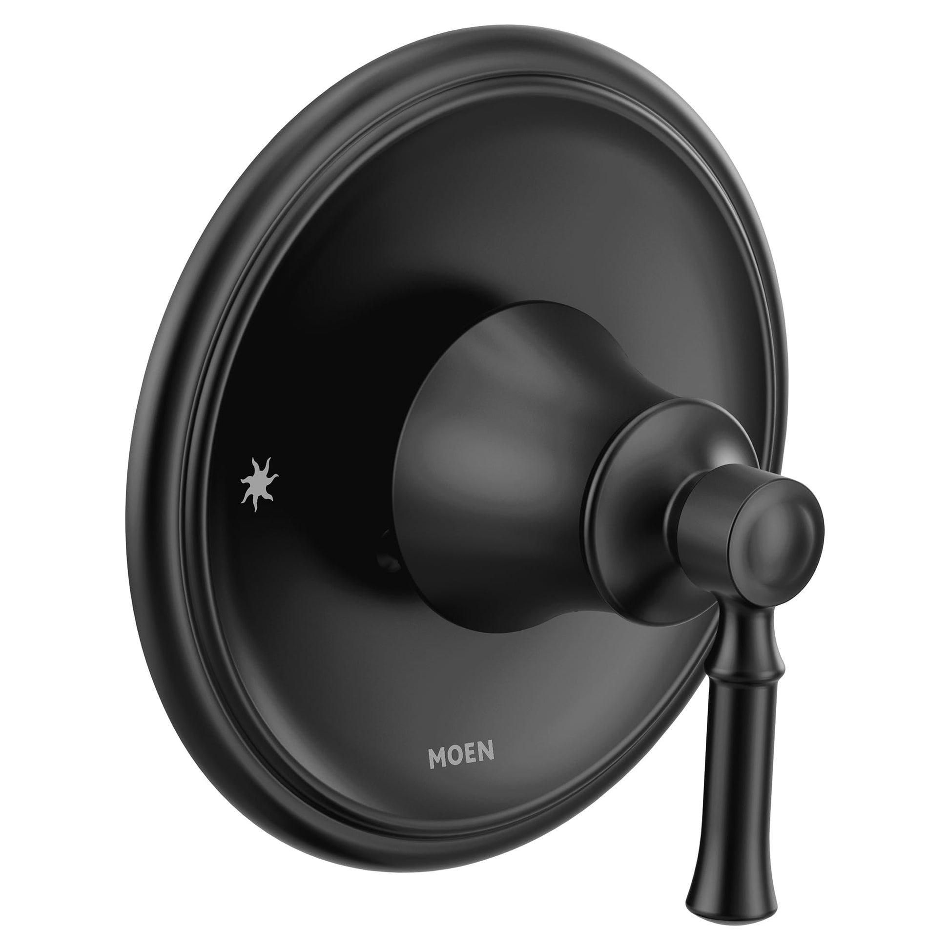 Moen Dartmoor matte black single-handle shower valve trim with round escutcheon plate and lever handle.