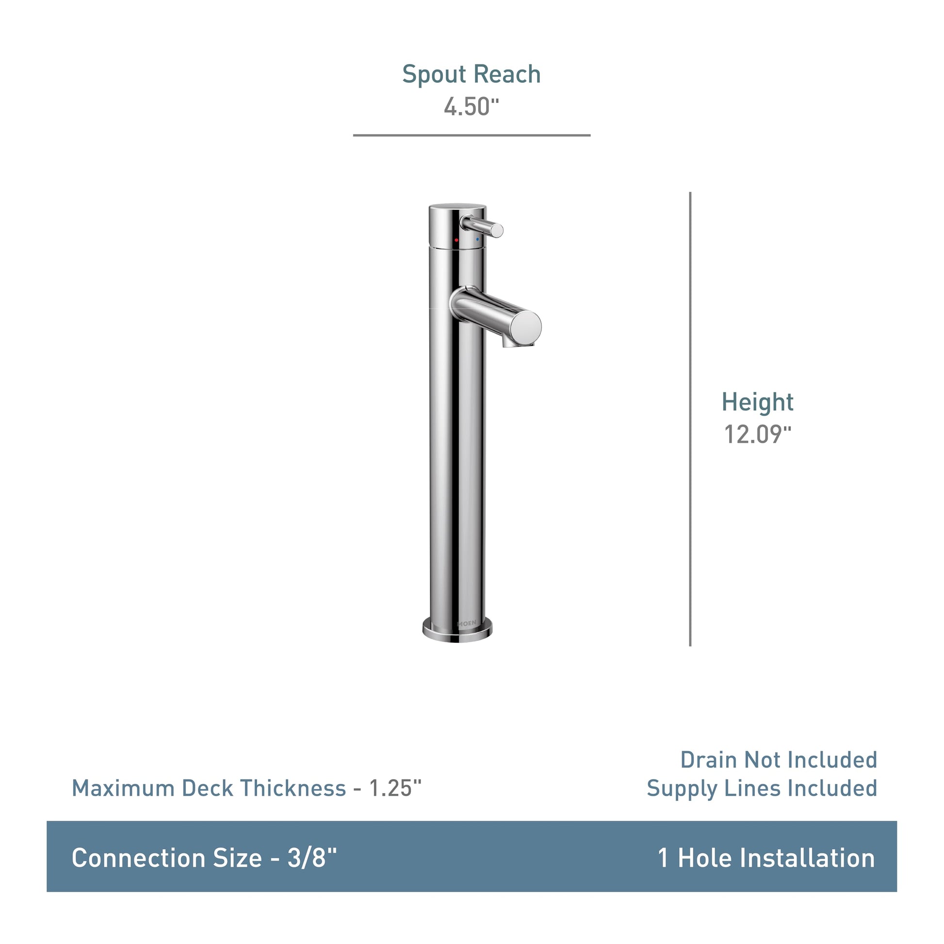 Moen single-handle vessel sink faucet with tall cylindrical body, angled spout, and chrome finish, 12.09" height with 4.50" s