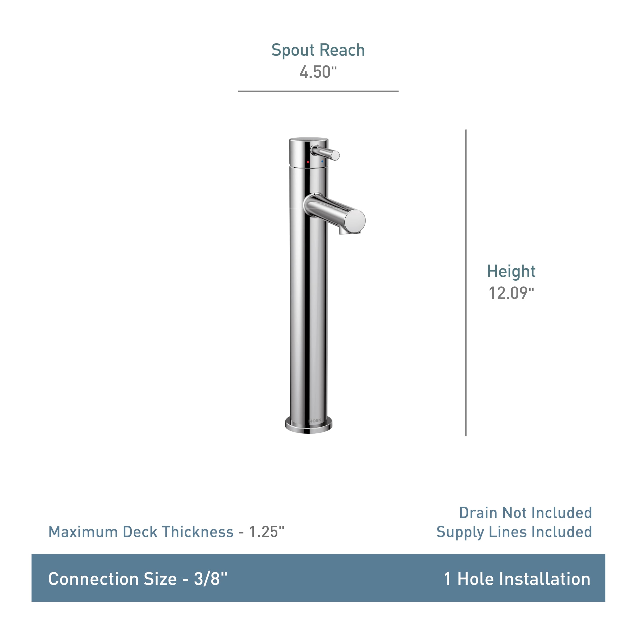 Moen single-handle vessel sink faucet with tall cylindrical body, angled spout, and chrome finish, 12.09" height with 4.50" s
