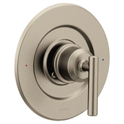 Brushed nickel shower valve trim with oval escutcheon plate and single lever handle.