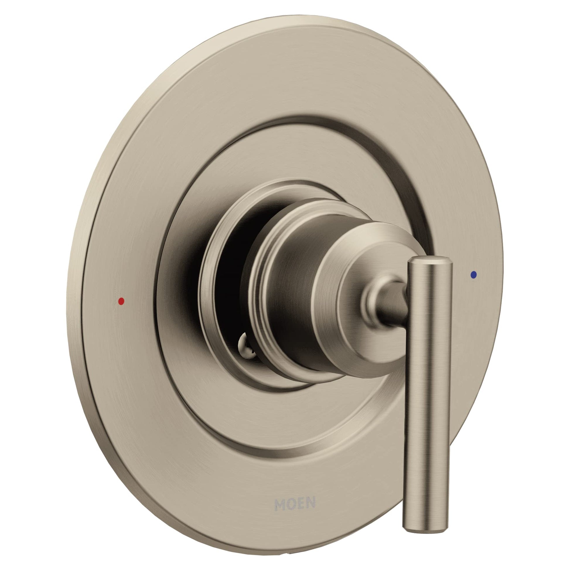 Brushed nickel shower valve trim with oval escutcheon plate and single lever handle.