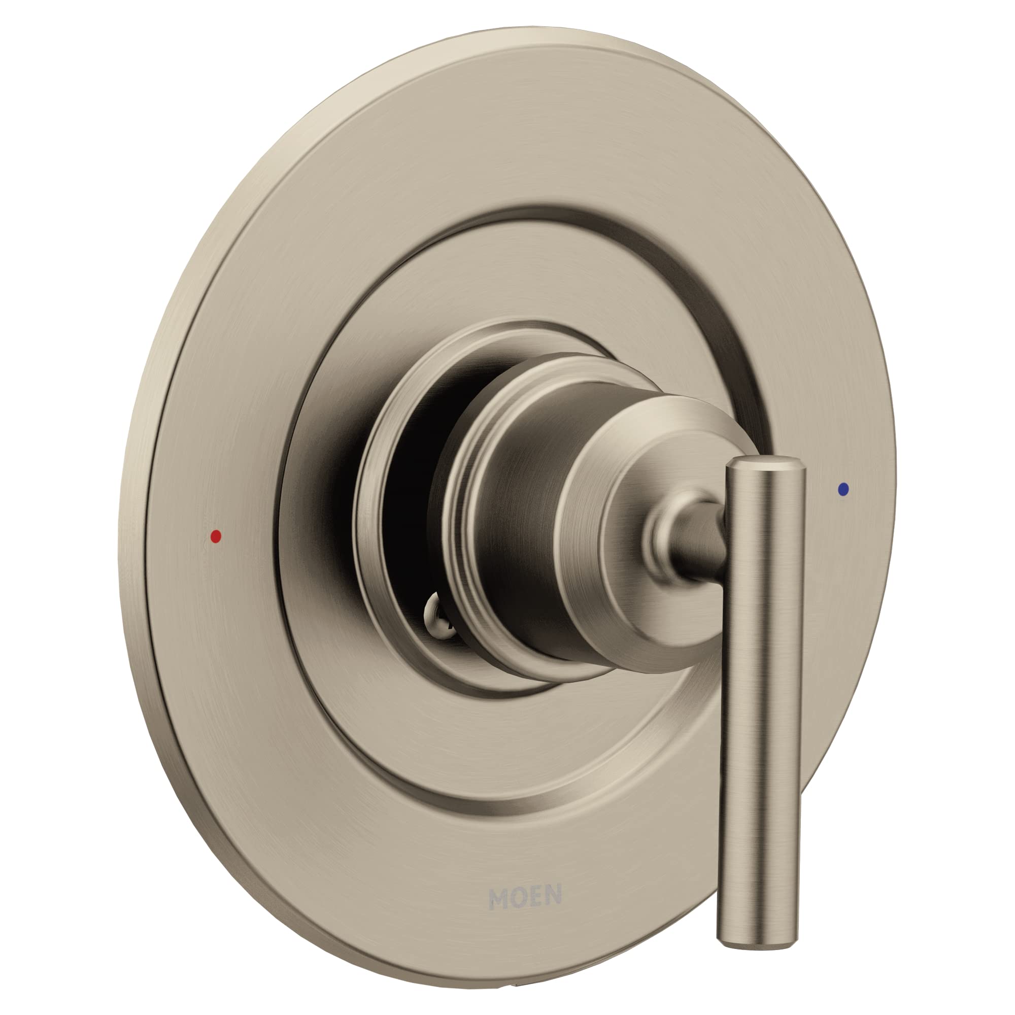 Brushed nickel shower valve trim with oval escutcheon plate and single lever handle.