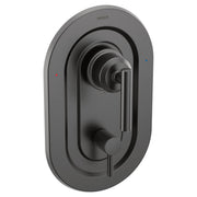 Matte black shower trim with lever handle and diverter control featuring concentric circular escutcheon design.