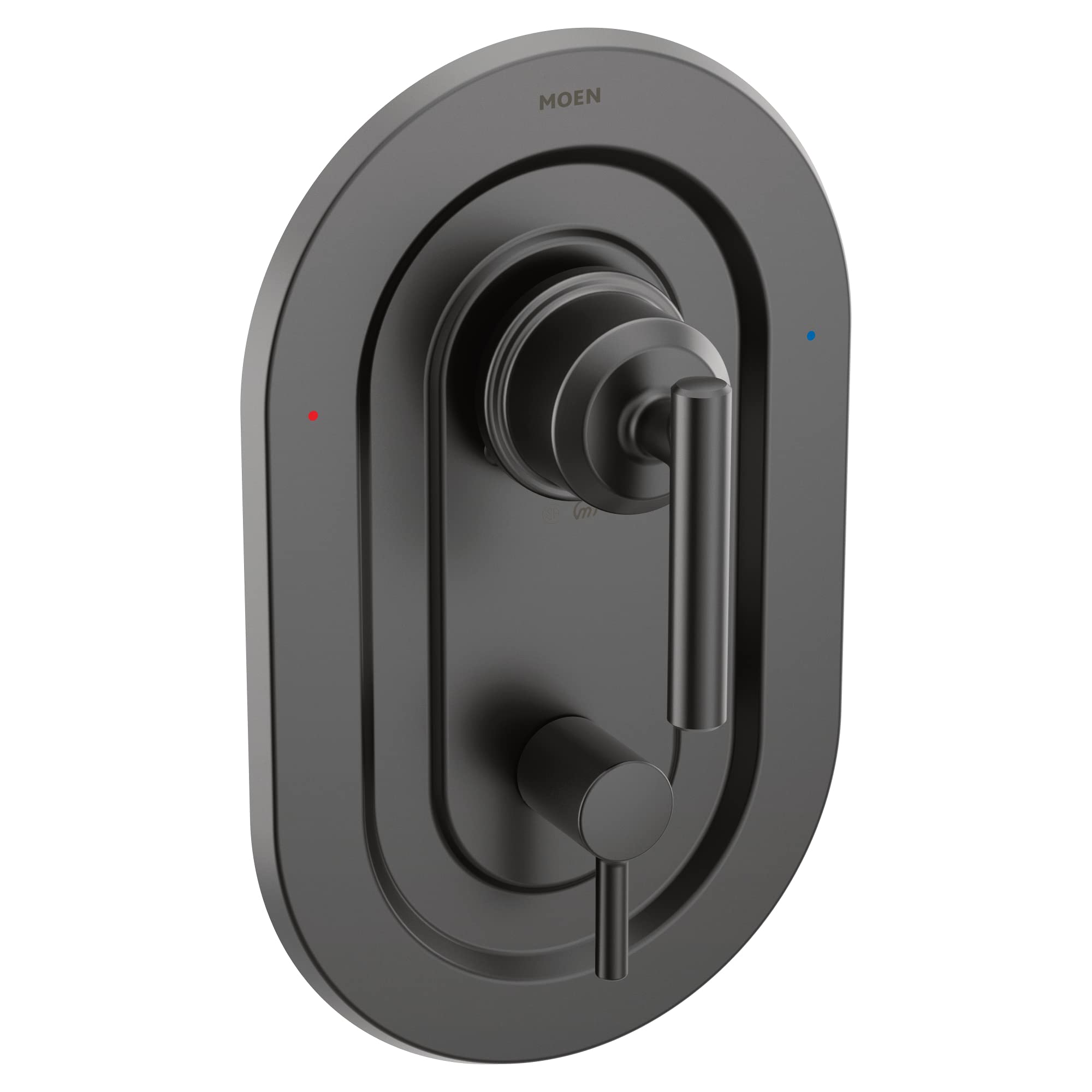 Matte black shower trim with lever handle and diverter control featuring concentric circular escutcheon design.