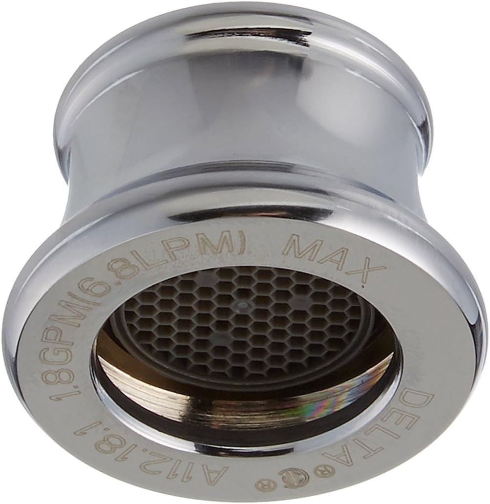 Chrome flange nut with perforated aerator screen and engraved text specifications.