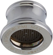 Chrome flange nut with perforated aerator screen and engraved text specifications.
