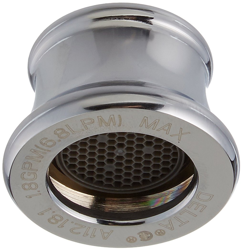 Chrome kitchen faucet aerator with honeycomb mesh screen and black gasket ring, marked with flow rate specifications.