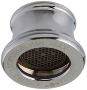 Chrome kitchen faucet aerator with honeycomb mesh screen and black gasket ring, marked with flow rate specifications.