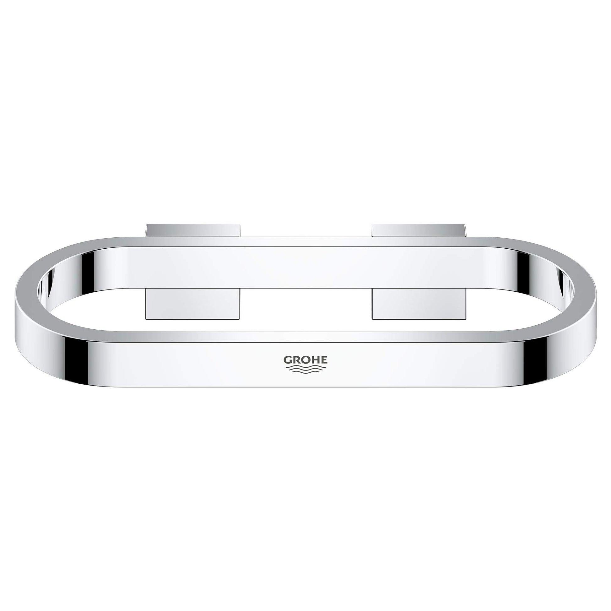 Polished chrome towel ring with oval shape and wall mounting brackets.