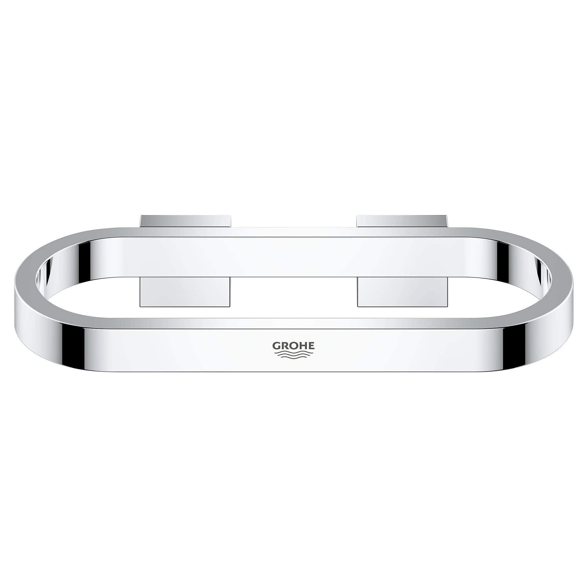 Polished chrome towel ring with oval shape and wall mounting brackets.