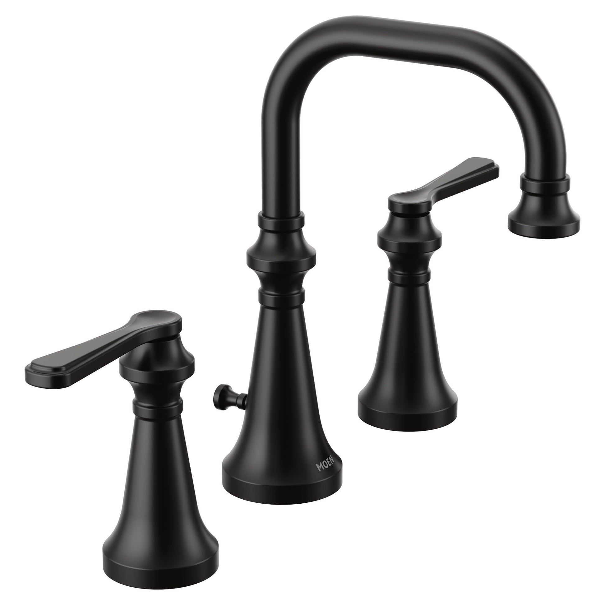 Matte black widespread bathroom faucet with high arc spout and two lever handles on round bases.