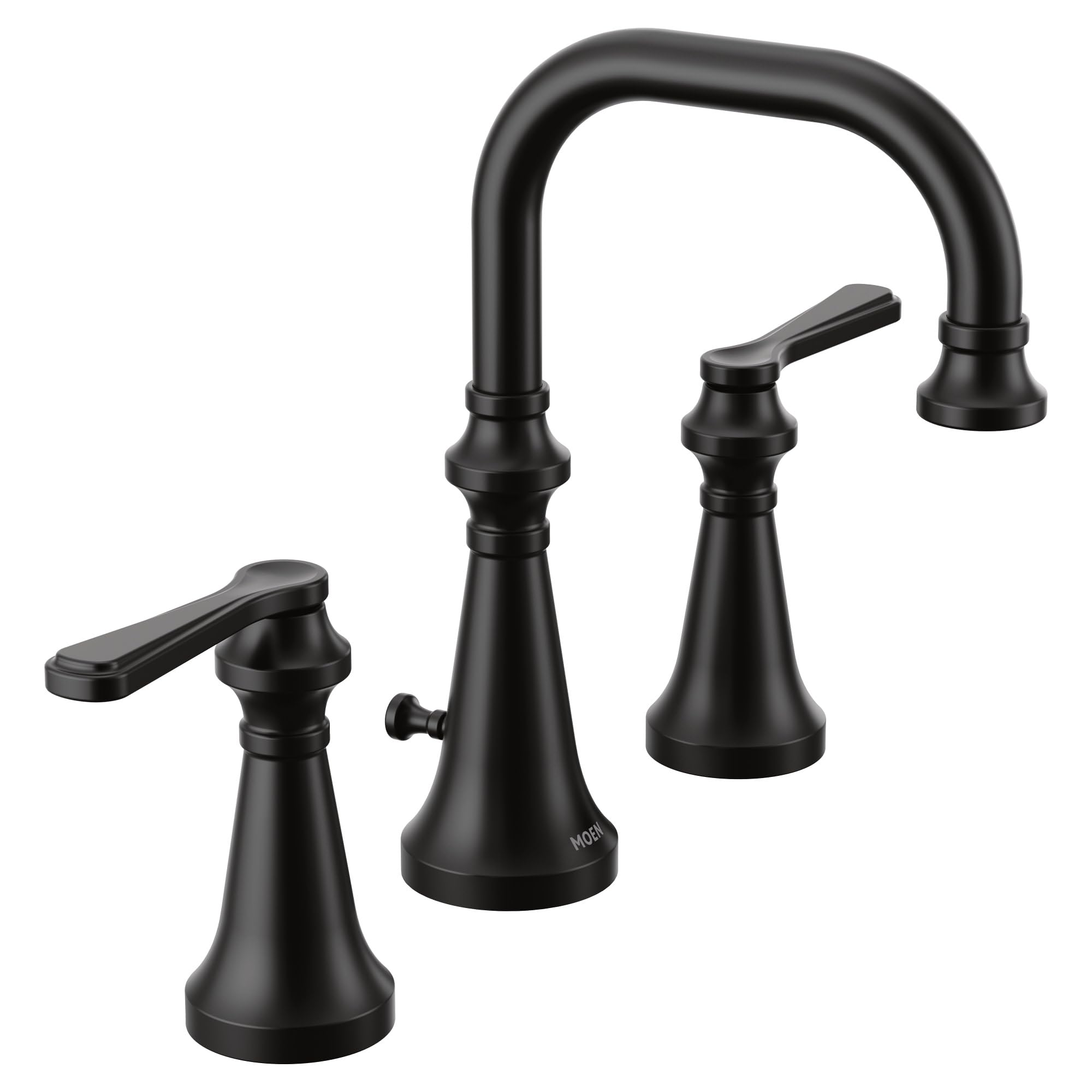 Matte black widespread bathroom faucet with high arc spout and two lever handles on round bases.