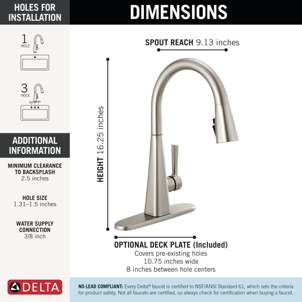 Single-handle pull-down kitchen faucet in stainless steel with curved spout and deck plate included.