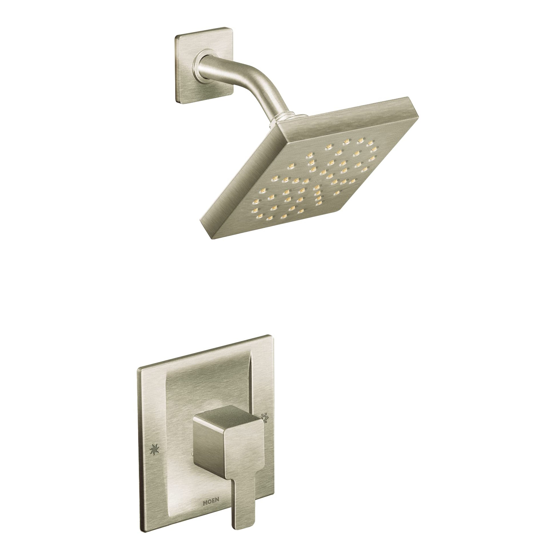 Brushed nickel square shower head with angled arm and matching wall-mounted control valve trim.
